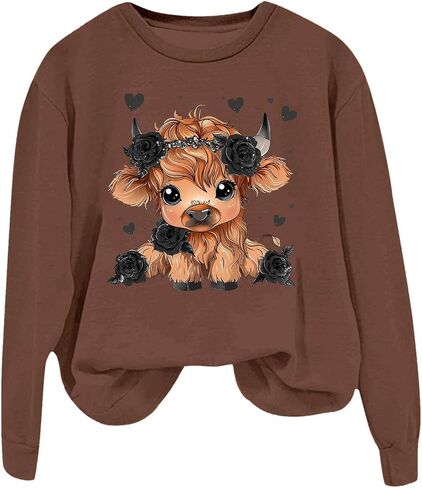 Highland Cow Sweatshirt For Women Cute Crewneck Pullover Long Sleeve Loose Fit Casual Comfort Graphic Tshirts Tops in Saudi Arabia