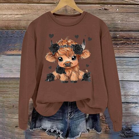 Highland Cow Sweatshirt For Women Cute Crewneck Pullover Long Sleeve Loose Fit Casual Comfort Graphic Tshirts Tops in Saudi Arabia