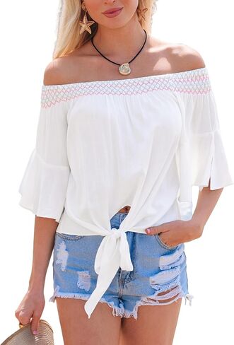 CUPSHE Off Shoulder Tops for Women Casual 3/4 Flared Sleeve Tie Front Smocked Blouse Beach Vacation Cover Up Trendy 2025 in Saudi Arabia