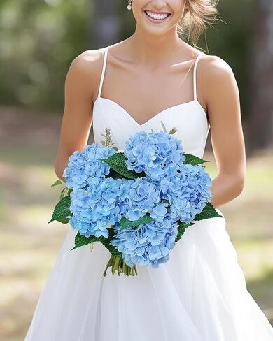 6PCS Blue Hydrangea Artificial Flowers Bouquets, Bulk Silk Hydrangea Heads with Stems, Fake Hydrangeas Flowers Arrangement, Faux Floral Decor for Home Wedding Party in Saudi Arabia