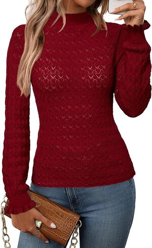 Arach&Cloz Womens Silk Wool Blend Lace Mock Neck Slim Fitted Sweater Trendy 2025 in Saudi Arabia