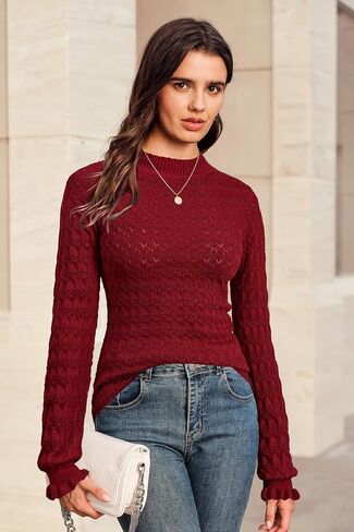 Arach&Cloz Womens Silk Wool Blend Lace Mock Neck Slim Fitted Sweater Trendy 2025 in Saudi Arabia