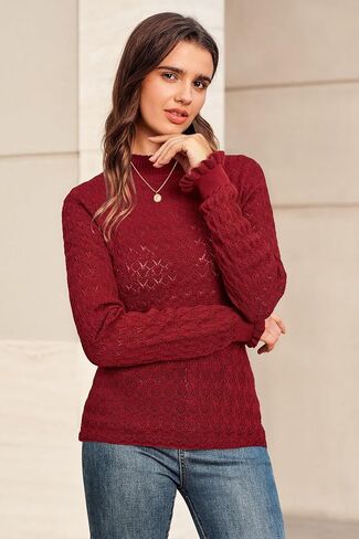 Arach&Cloz Womens Silk Wool Blend Lace Mock Neck Slim Fitted Sweater Trendy 2025 in Saudi Arabia
