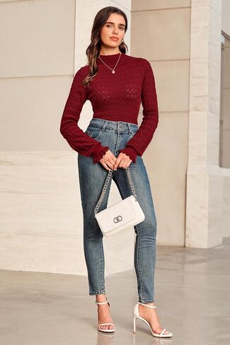 Arach&Cloz Womens Silk Wool Blend Lace Mock Neck Slim Fitted Sweater Trendy 2025 in Saudi Arabia