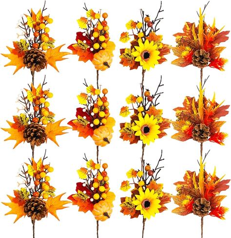 4Pcs Fall Floral Picks, 12" Autumn Pumpkin Berry Picks Maple Leaves Stems Artificial Fall Flower Picks for Harvest Halloween Thanksgiving Christmas DIY Home Table Decor in Saudi Arabia
