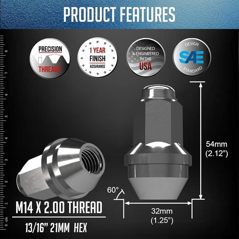 أجزاء ملحقات العجلة 24 قطعة M14x2 صواميل العروة طراز OEM مقاس 2.125 بوصة طويلة كروم 13/16 بوصة 21 مم سداسية تناسب Ford Expedition F-150 ｜ Lincoln Mark LT Navigator 4L3Z-1012-A ｜611-288 in Saudi Arabia