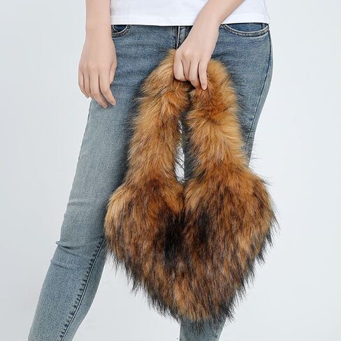 Womens Faux Fur Shoulder Bag Furry Purse Handbag Crossbody Bag Heart Shaped with Shoulder Strap in Kuwait