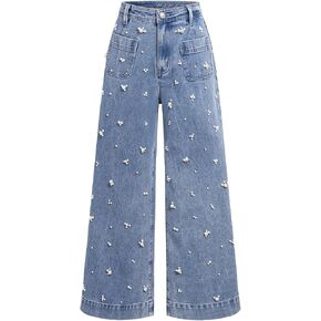 Women's High Waist Straight Jeans Pearl Loose Wide Leg 2025 Casual Blue Denim Pants for Women in Saudi Arabia