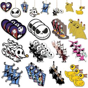 36 PCS Halloween Christmas Jack Sally Wooden Hanging Ornaments for Tree, Wood Nightmare Christmas Tree Decorations Before Spooky Decor Indoor Home Party Gifts in Saudi Arabia