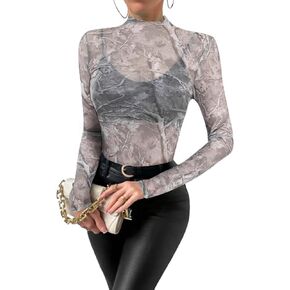 Women's Leopard Print Mesh Crop Top Long Sleeve Sheer See Throught Going Out Shirt in Saudi Arabia