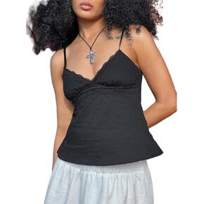 Women Y2K Tank Top Vintage Lace Trim V-Neck Slim Cami Crop Top Sweet Preppy Going Out Tops 00s Aesthetic Mini Vest in Kuwait