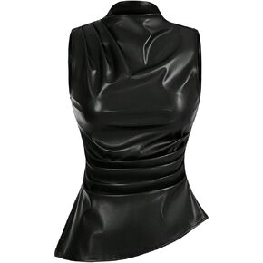 WDIRARA Women's Plus Size Mock Neck PU Leather Tank Top Ruched Sleeveless Asymmetrical Tops in Saudi Arabia
