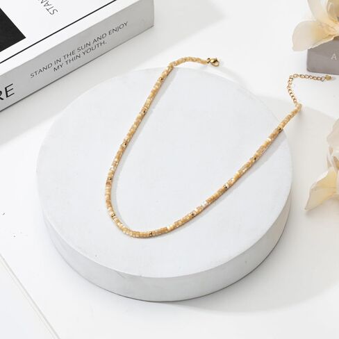 Boho Beaded Choker Necklace for Women, Dainty Natrue Stone Beads Choker Gold-color Plated beads Surfer Necklaces Summer Beach Handmade Jewelry in Saudi Arabia
