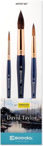 Escoda Signature Artist Watercolor Paint Brush Set, Fabio Cembranelli Set #2, Includes Prado (Synthetic Sable) Flat Bright Size 3/4" & 1" and Prado Round Longliner Size 2 in Kuwait