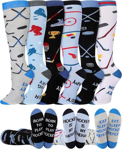 6 Pairs Funny Hockey Knee High Socks for Men Novelty Cotton Athletic Socks Birthday Xmas Holiday Gift for Hockey Lovers in Saudi Arabia