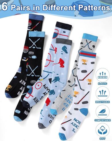 6 Pairs Funny Hockey Knee High Socks for Men Novelty Cotton Athletic Socks Birthday Xmas Holiday Gift for Hockey Lovers in Saudi Arabia