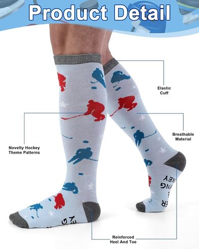 6 Pairs Funny Hockey Knee High Socks for Men Novelty Cotton Athletic Socks Birthday Xmas Holiday Gift for Hockey Lovers in Saudi Arabia