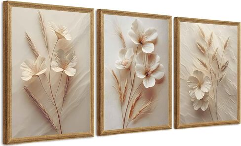 FYLDPSB 3Pcs Framed Neutral Beige Floral Canvas Wall art, Modern Simple Texture Plant Painting Wall Decor, Vintage Flower Poster Prints for Living Room Bedroom Farmhouse Ready to Hang 16''L x 12''W in Saudi Arabia