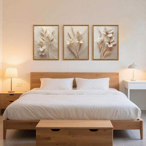 FYLDPSB 3Pcs Framed Neutral Beige Floral Canvas Wall art, Modern Simple Texture Plant Painting Wall Decor, Vintage Flower Poster Prints for Living Room Bedroom Farmhouse Ready to Hang 16''L x 12''W in Saudi Arabia