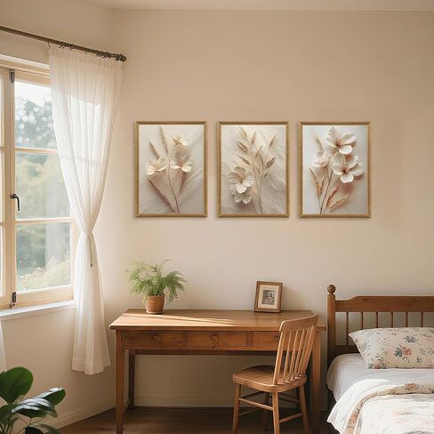 FYLDPSB 3Pcs Framed Neutral Beige Floral Canvas Wall art, Modern Simple Texture Plant Painting Wall Decor, Vintage Flower Poster Prints for Living Room Bedroom Farmhouse Ready to Hang 16''L x 12''W in Saudi Arabia