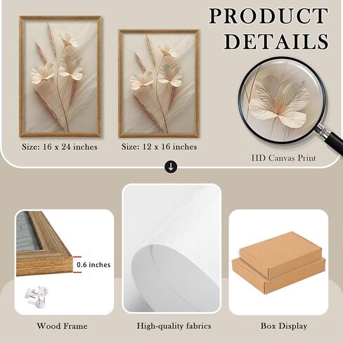 FYLDPSB 3Pcs Framed Neutral Beige Floral Canvas Wall art, Modern Simple Texture Plant Painting Wall Decor, Vintage Flower Poster Prints for Living Room Bedroom Farmhouse Ready to Hang 16''L x 12''W in Saudi Arabia
