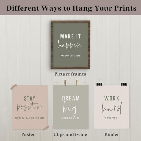 QLMX Office Inspirational Wall Art Prints Set of 4, Boho Motivational Make It Happen Stay Postive Prints Wall Decor for Office, Positive Quotes Poster for Home 8"x10" Unframed in Saudi Arabia