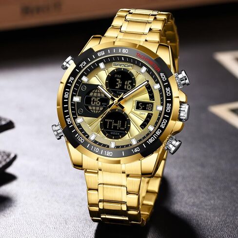 Luxury Stainless Steel Watches for Men Digital Analog Mens Watch with Countdown Alarm Three Time Zone Waterproof Classic Business Wristwatch in Saudi Arabia