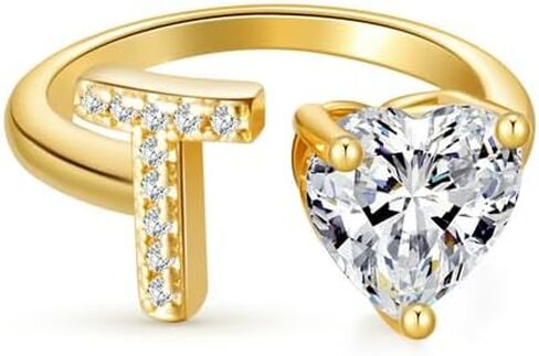 خاتم Wellike Gold الأولي للنساء غير مشوه، خاتم بأحرف أنيقة 18 قيراط مطلي بالذهب 18 قيراط، حلقات ذهبية مفتوحة قابلة للتعديل، قلب بينكي عصري مكعب زركونيا مجوهرات خالية من التشويه in Kuwait