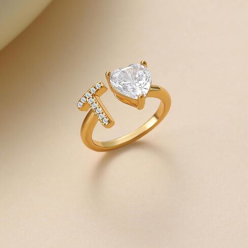 خاتم Wellike Gold الأولي للنساء غير مشوه، خاتم بأحرف أنيقة 18 قيراط مطلي بالذهب 18 قيراط، حلقات ذهبية مفتوحة قابلة للتعديل، قلب بينكي عصري مكعب زركونيا مجوهرات خالية من التشويه in Kuwait