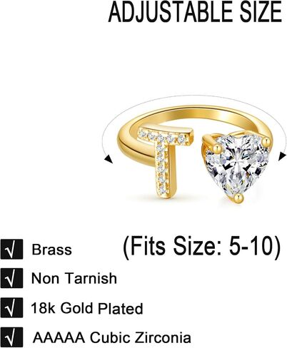 خاتم Wellike Gold الأولي للنساء غير مشوه، خاتم بأحرف أنيقة 18 قيراط مطلي بالذهب 18 قيراط، حلقات ذهبية مفتوحة قابلة للتعديل، قلب بينكي عصري مكعب زركونيا مجوهرات خالية من التشويه in Kuwait