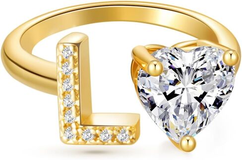 خاتم Wellike Gold الأولي للنساء غير مشوه، خاتم بأحرف أنيقة 18 قيراط مطلي بالذهب 18 قيراط، حلقات ذهبية مفتوحة قابلة للتعديل، قلب بينكي عصري مكعب زركونيا مجوهرات خالية من التشويه in Kuwait