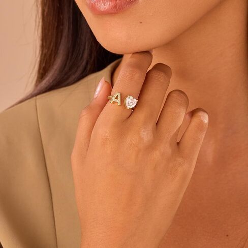 Wellike Gold Initial Ring For Women Non Tarnish Dainty Letter Ring 18k Gold Plated Open Adjustable Gold Rings Heart Pinky Trendy Cubic Zirconia Tarnish Free Jewelry in Saudi Arabia