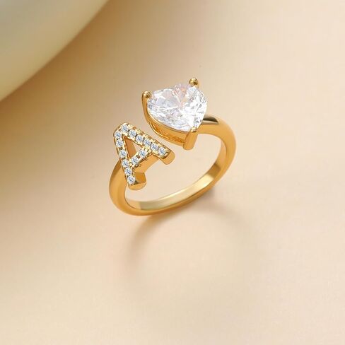 Wellike Gold Initial Ring For Women Non Tarnish Dainty Letter Ring 18k Gold Plated Open Adjustable Gold Rings Heart Pinky Trendy Cubic Zirconia Tarnish Free Jewelry in Saudi Arabia