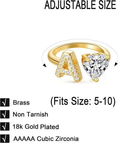 Wellike Gold Initial Ring For Women Non Tarnish Dainty Letter Ring 18k Gold Plated Open Adjustable Gold Rings Heart Pinky Trendy Cubic Zirconia Tarnish Free Jewelry in Saudi Arabia