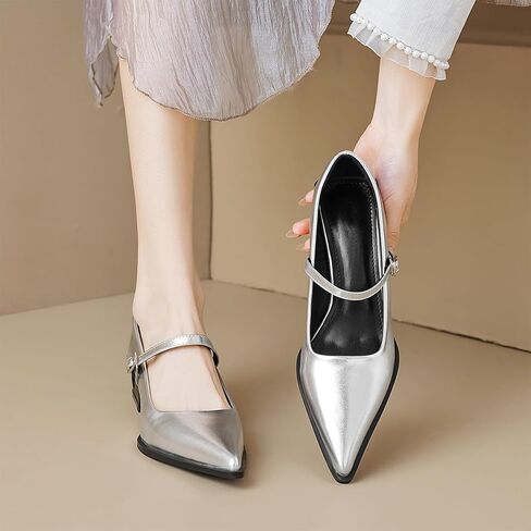 Women's Patent Leather Low Chunky Heel Dress Mary Jane Shoes Stylish Closed Pointed Ankle Strap Block Heel Non-Slip Formal Pumps Suitable for Wedding Bride Work in Kuwait