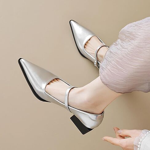 Women's Patent Leather Low Chunky Heel Dress Mary Jane Shoes Stylish Closed Pointed Ankle Strap Block Heel Non-Slip Formal Pumps Suitable for Wedding Bride Work in Kuwait