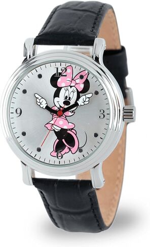 Disney Minnie Watch - Watch for Women - Minnie Mouse Watches for Women Toys - 90s Mouse - Vintage - Clock Hands - Silver Case - Black Leather Strap in Saudi Arabia