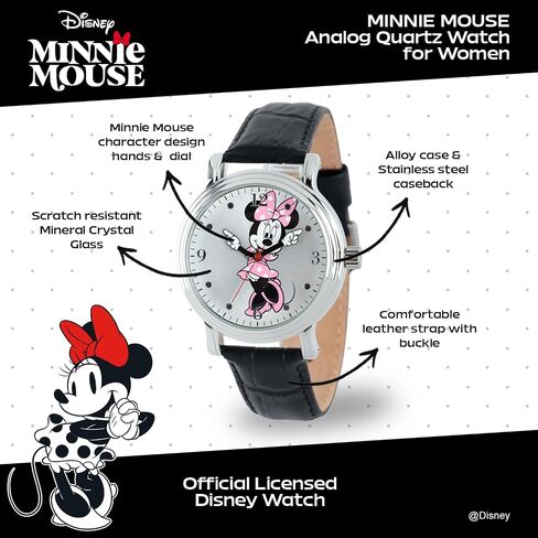 Disney Minnie Watch - Watch for Women - Minnie Mouse Watches for Women Toys - 90s Mouse - Vintage - Clock Hands - Silver Case - Black Leather Strap in Saudi Arabia