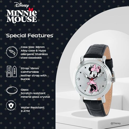 Disney Minnie Watch - Watch for Women - Minnie Mouse Watches for Women Toys - 90s Mouse - Vintage - Clock Hands - Silver Case - Black Leather Strap in Saudi Arabia
