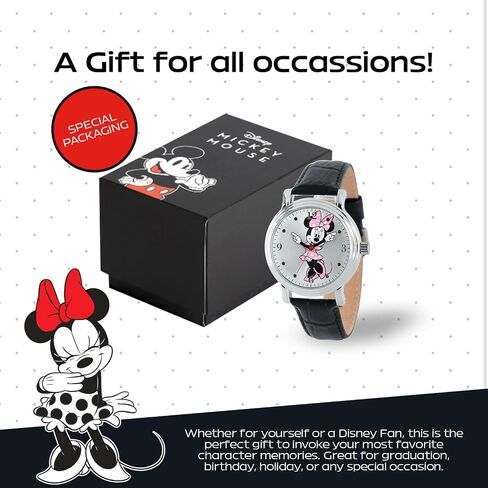 Disney Minnie Watch - Watch for Women - Minnie Mouse Watches for Women Toys - 90s Mouse - Vintage - Clock Hands - Silver Case - Black Leather Strap in Saudi Arabia