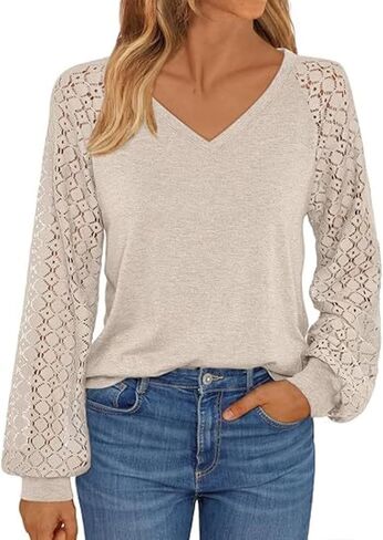 Long Sleeve V-Neck Lace Blouse in Saudi Arabia