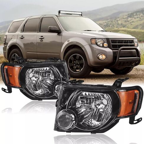 مجموعة المصابيح الأمامية الزوجية معتمدة من وزارة النقل لسيارة Ford Escape Limited/XLS/XLT SUV من 2008 إلى 2012، مصابيح أمامية بديلة للسائق وجانب Psaaenger مبيت أسود وجانب كهرماني in Saudi Arabia