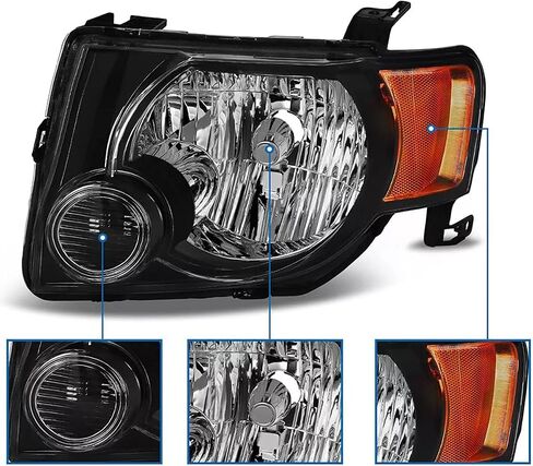 مجموعة المصابيح الأمامية الزوجية معتمدة من وزارة النقل لسيارة Ford Escape Limited/XLS/XLT SUV من 2008 إلى 2012، مصابيح أمامية بديلة للسائق وجانب Psaaenger مبيت أسود وجانب كهرماني in Saudi Arabia