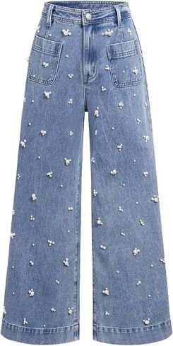 Women's High Waist Straight Jeans Pearl Loose Wide Leg 2025 Casual Blue Denim Pants for Women in Saudi Arabia