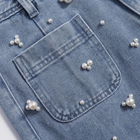 Women's High Waist Straight Jeans Pearl Loose Wide Leg 2025 Casual Blue Denim Pants for Women in Saudi Arabia
