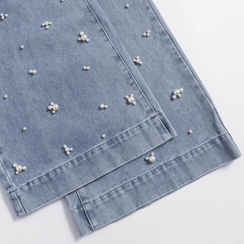 Women's High Waist Straight Jeans Pearl Loose Wide Leg 2025 Casual Blue Denim Pants for Women in Saudi Arabia