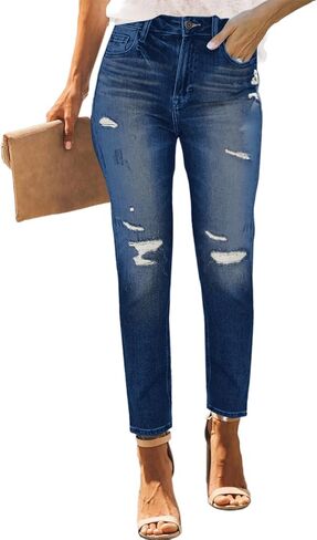 PerZeal Women's Skinny Ripped Trendy Jeans Mid Waisted Destroyed Denim Pants with Frayed Hem (Pack of 2) in Kuwait