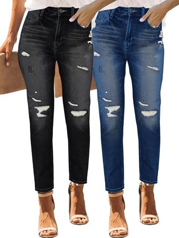 PerZeal Women's Skinny Ripped Trendy Jeans Mid Waisted Destroyed Denim Pants with Frayed Hem (Pack of 2) in Kuwait