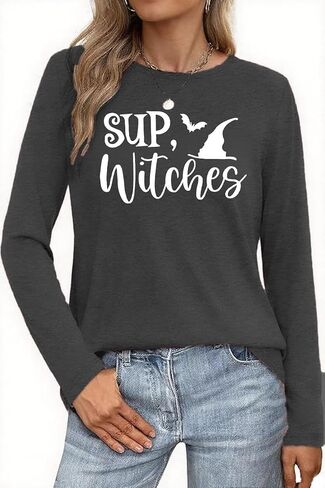 Women Halloween Shirt Halloween Witch Tshirt Spooky Vibes Witch Hat Graphic Tees Fall Season Long Sleeve Tops in Saudi Arabia