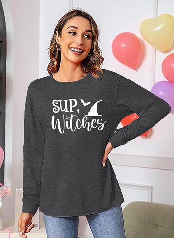 Women Halloween Shirt Halloween Witch Tshirt Spooky Vibes Witch Hat Graphic Tees Fall Season Long Sleeve Tops in Saudi Arabia